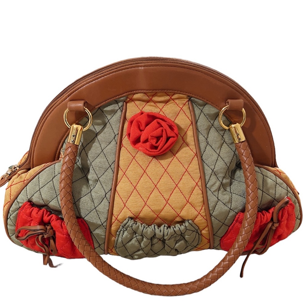 - Angela Frascone Gold Green Red Quilted Fabric w Brown Faux Leather Sho…
